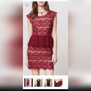 Maeve Anthropologie Elsa Peplum Sheath Dress in a red lace design (XS) 